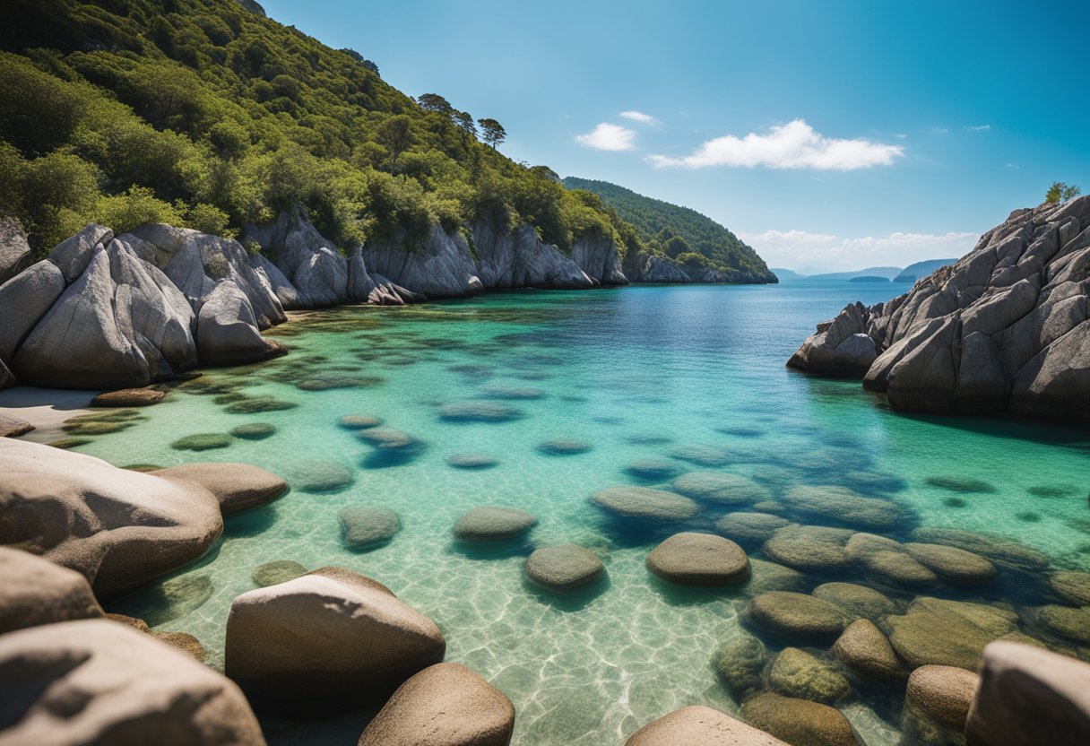 Una playa serena con aguas cristalinas, rodeada de acantilados rocosos y vegetación exuberante, bajo un cielo azul claro