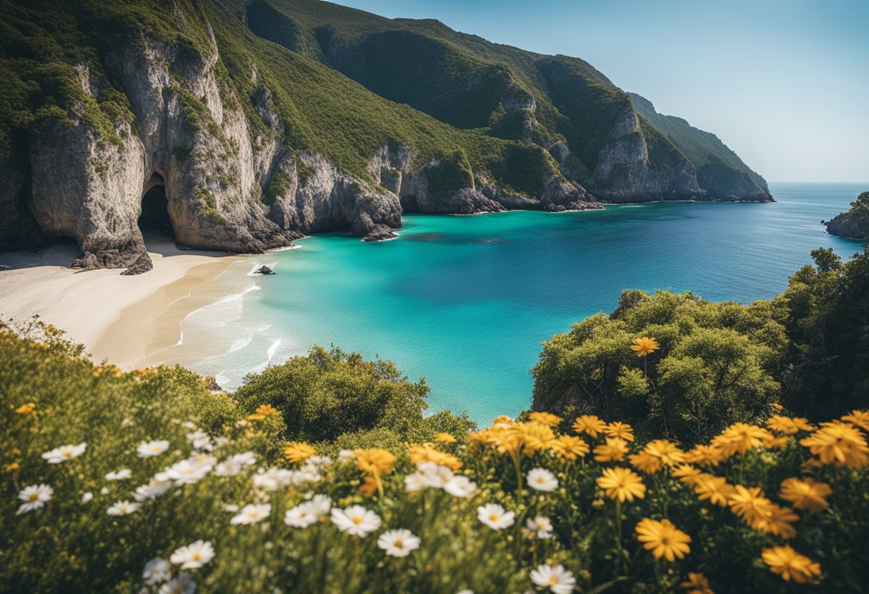 Una playa serena con aguas cristalinas y acantilados escarpados, rodeada de vegetación exuberante y flores coloridas, bajo un cielo azul brillante.
