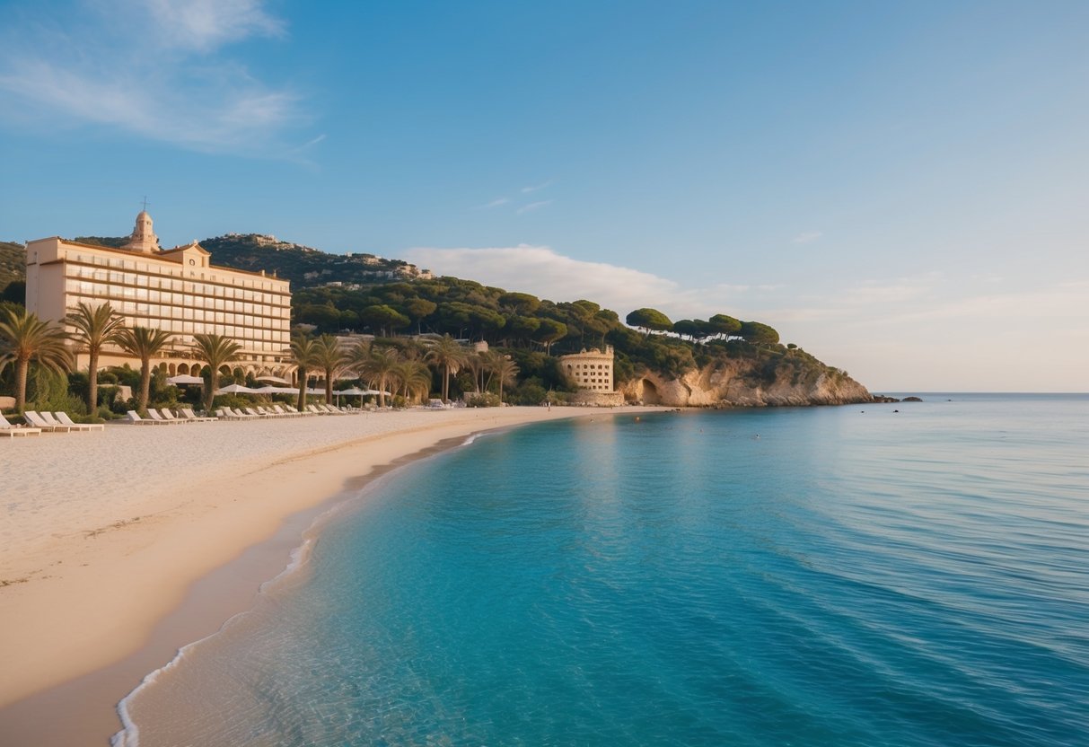 Una playa serena con aguas azul claro, palmeras y un lujoso hotel ubicado a lo largo de la pintoresca costa de la Costa Brava.